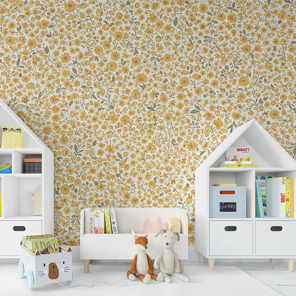 Papel de parede quarto bebê | Floral amarelo e verde em fundo claro