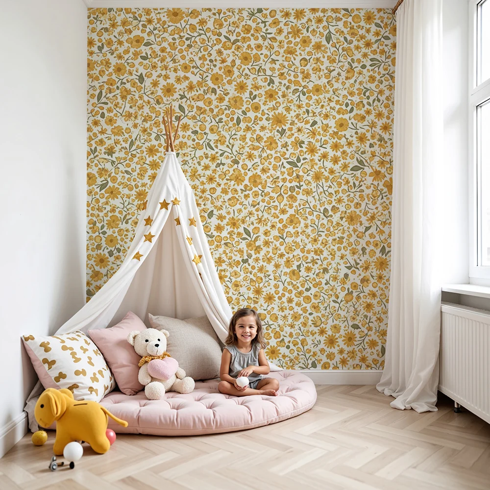 Papel de parede quarto bebê | Floral amarelo e verde em fundo claro