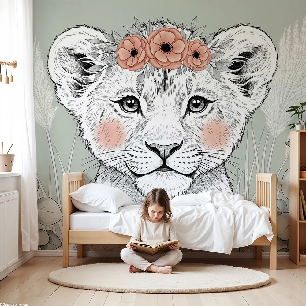 Papel de parede quarto bebê | Floral de leão e natureza suave