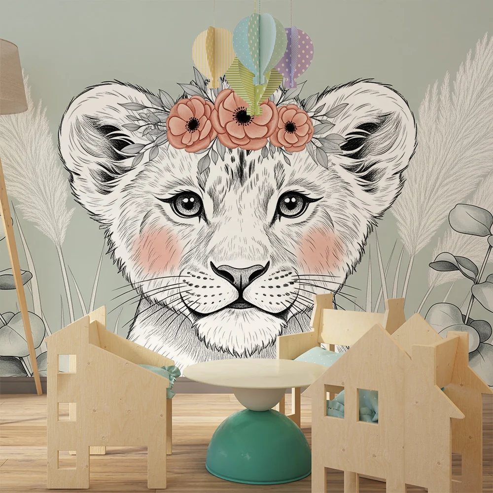 Papel de parede quarto bebê | Floral de leão e natureza suave