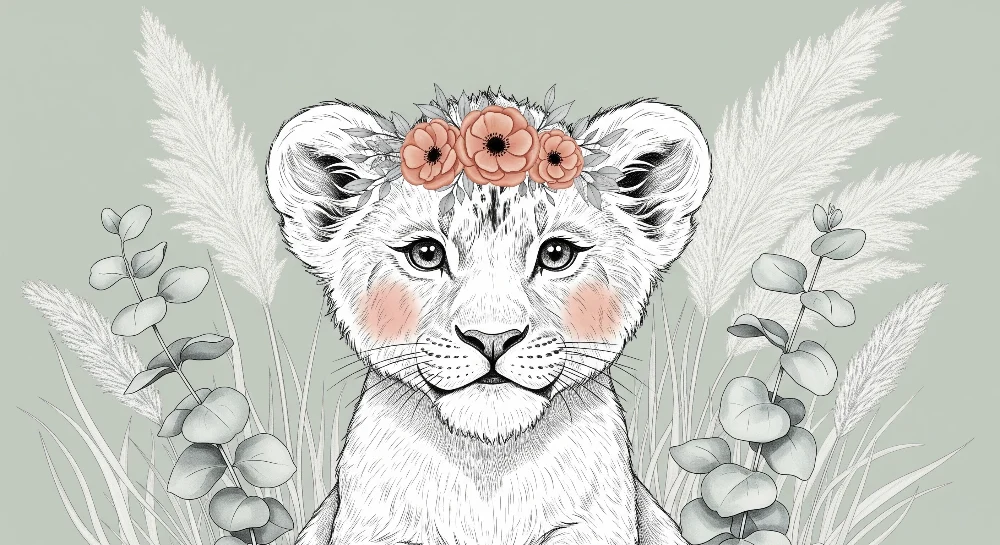 Papel de parede quarto bebê | Floral de leão e natureza suave