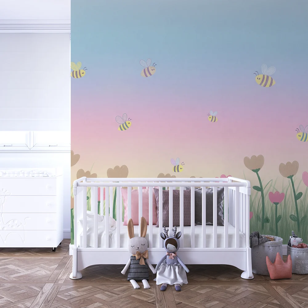 Papel de parede quarto bebê | Flores e abelhas suaves