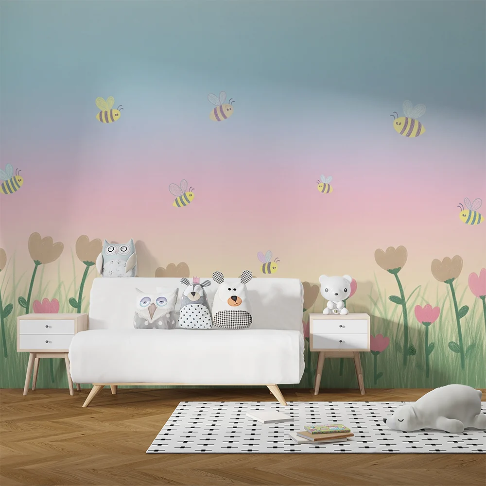 Papel de parede quarto bebê | Flores e abelhas suaves