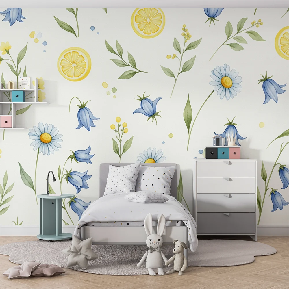 Papel de parede quarto bebê | Flores azuis e limões em fundo claro