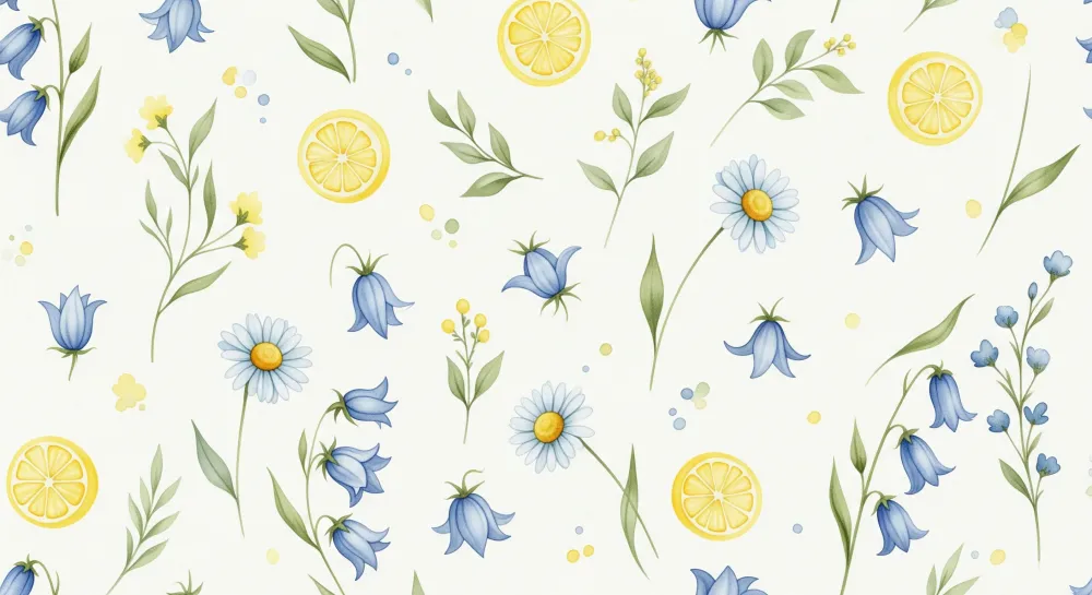 Papel de parede quarto bebê | Flores azuis e limões em fundo claro