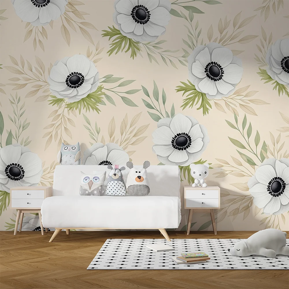 Papel de parede quarto bebê | Flores brancas em fundo bege