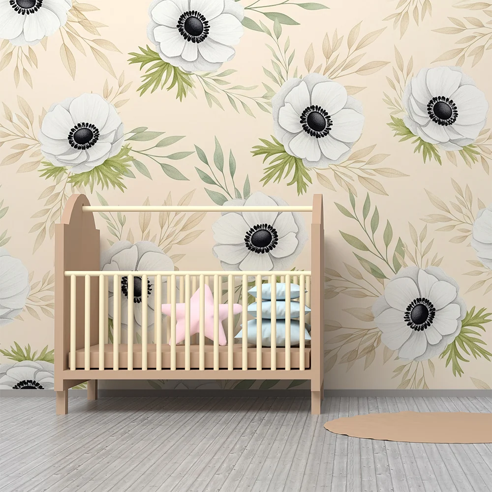 Papel de parede quarto bebê | Flores brancas em fundo bege