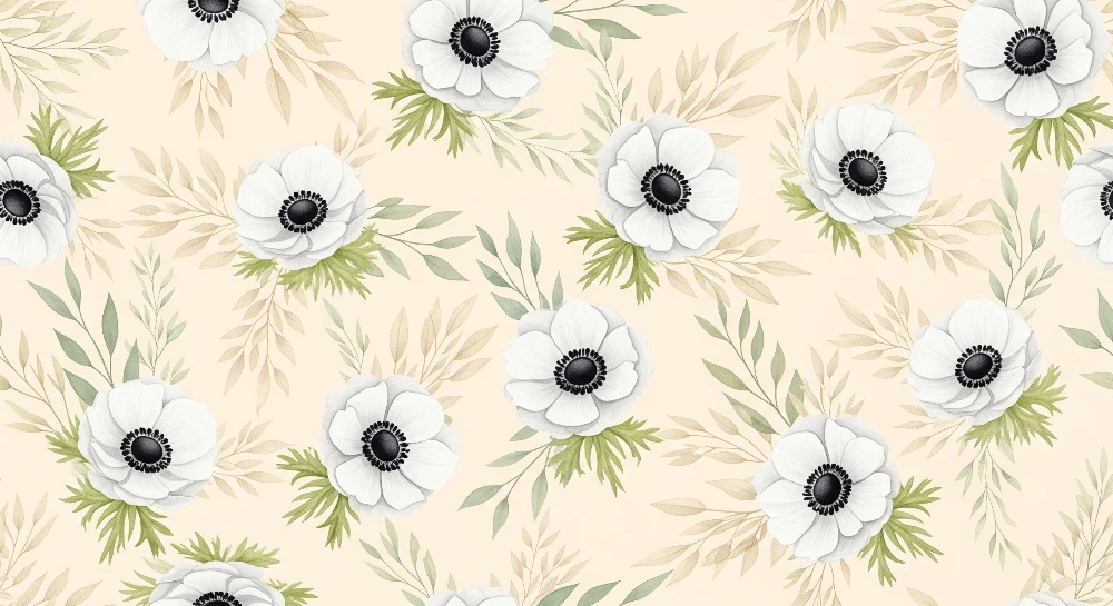 Papel de parede quarto bebê | Flores brancas em fundo bege