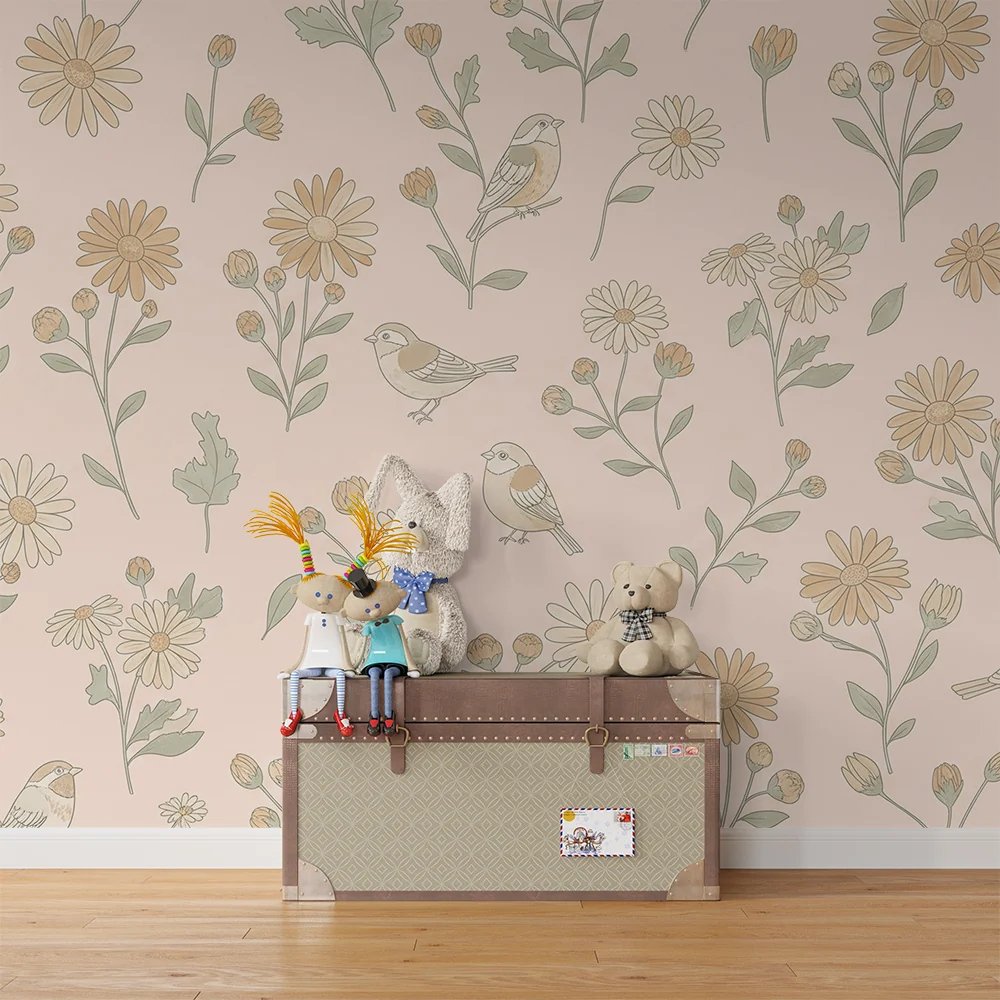 Papel de parede quarto bebê | Flores delicadas e pássaros em fundo rosa suave