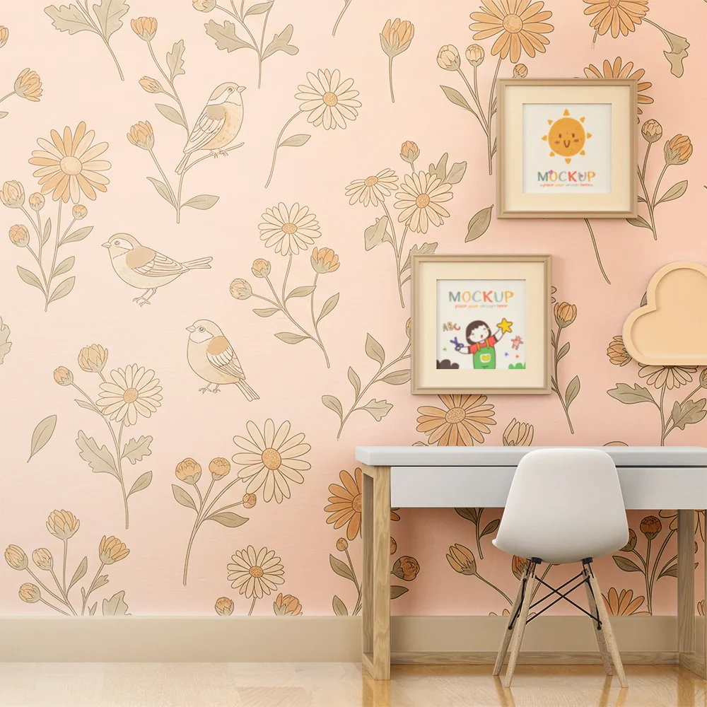 Papel de parede quarto bebê | Flores delicadas e pássaros em fundo rosa suave