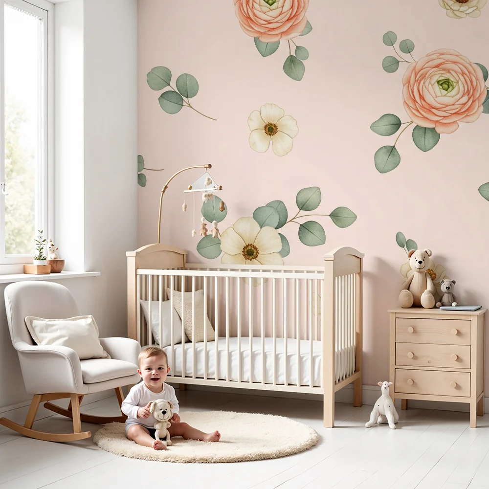 Papel de parede quarto bebê | Flores delicadas em fundo rosa