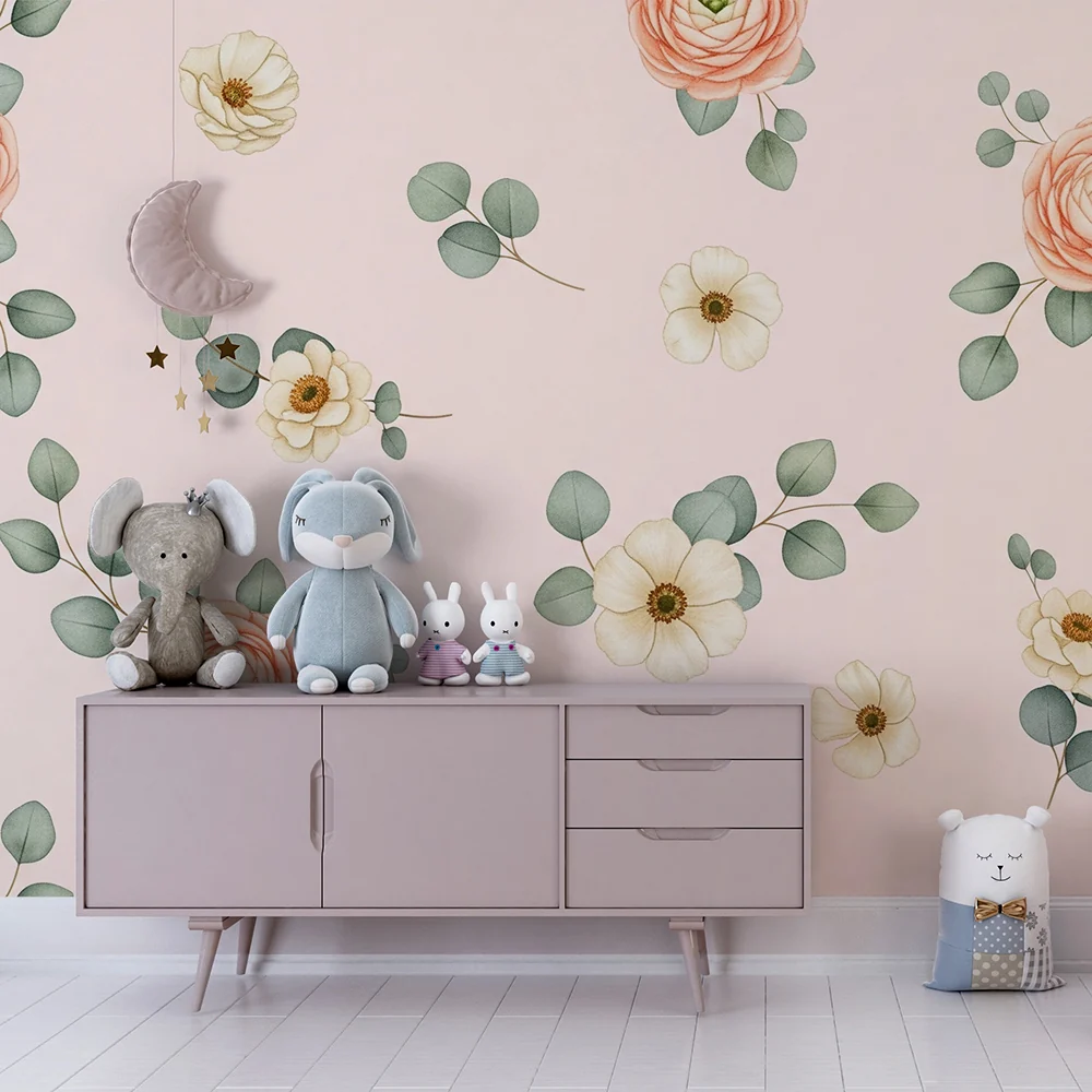 Papel de parede quarto bebê | Flores delicadas em fundo rosa