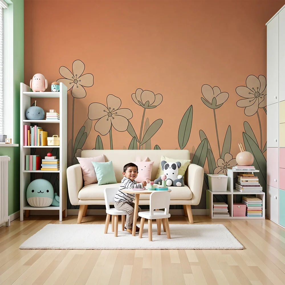 Papel de parede quarto bebê | Flores delicadas em fundo laranja