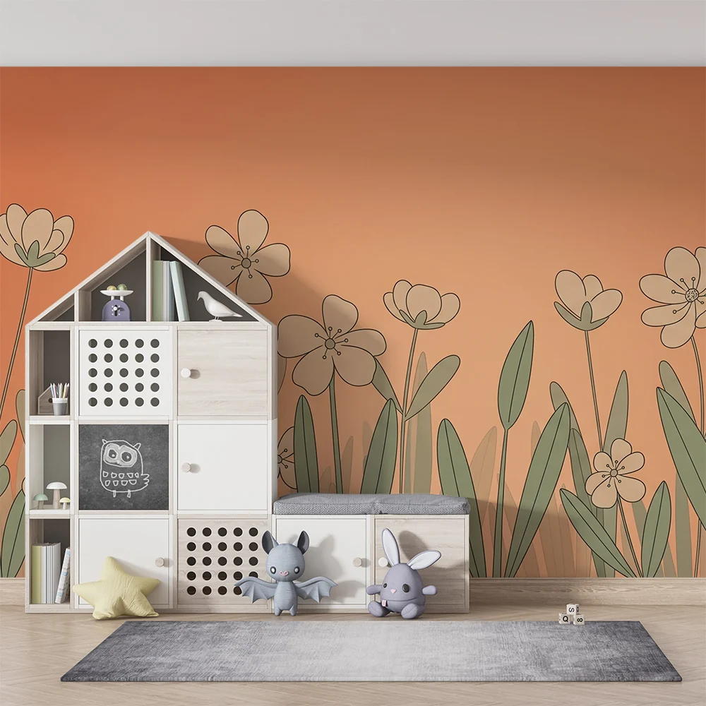 Papel de parede quarto bebê | Flores delicadas em fundo laranja