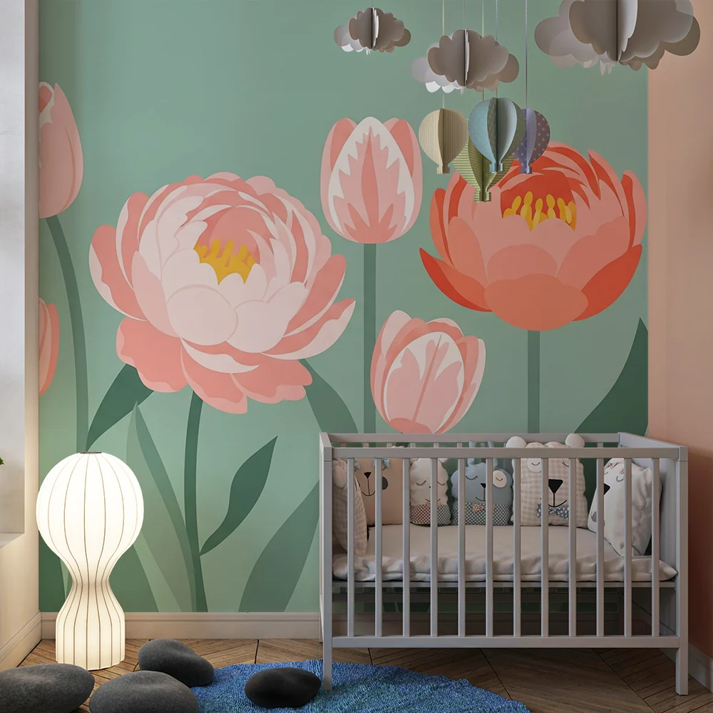 Papel de parede quarto bebê | Flores delicadas e tons pastel em fundo verde