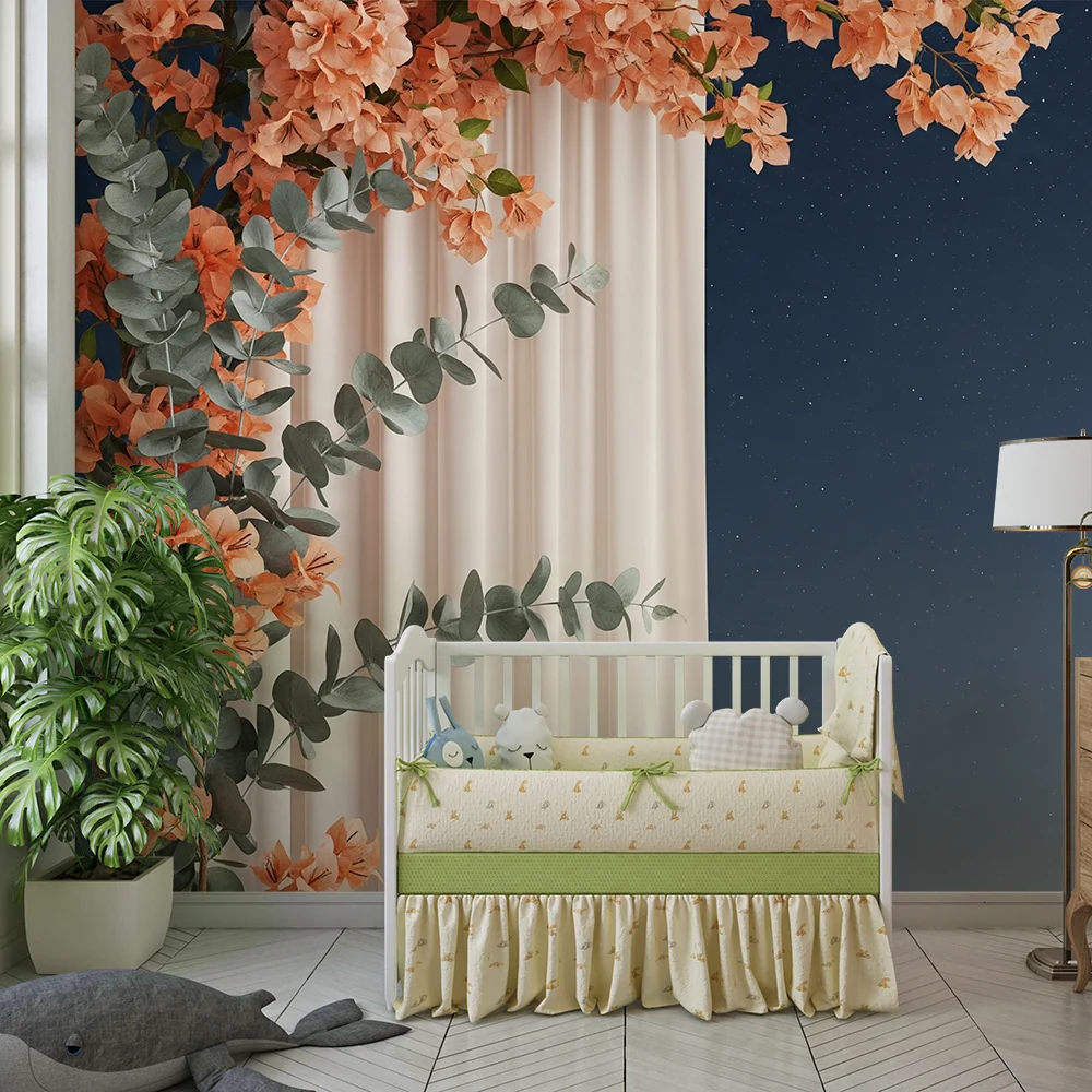 Papel de parede quarto bebê | Flores delicadas e céu estrelado