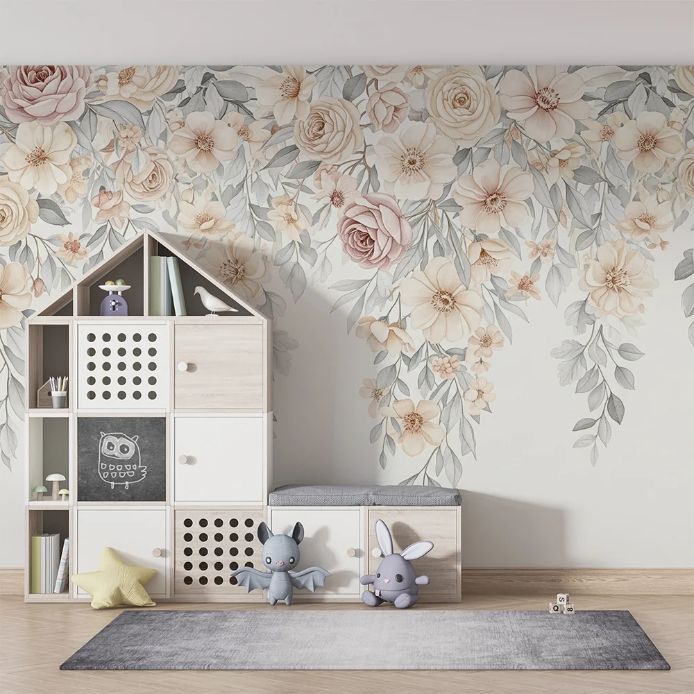 Papel de parede quarto bebê | Flores e folhagem shabby chic caindo
