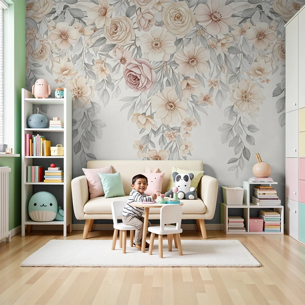 Papel de parede quarto bebê | Flores e folhagem shabby chic caindo