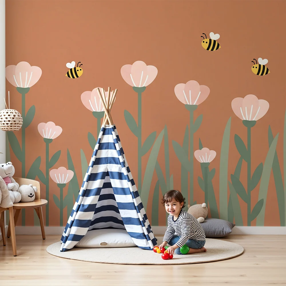 Papel de parede quarto bebê | Flores suaves e abelhas alegres