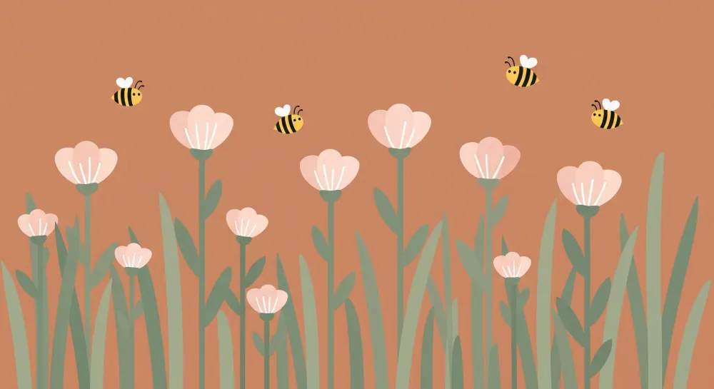 Papel de parede quarto bebê | Flores suaves e abelhas alegres