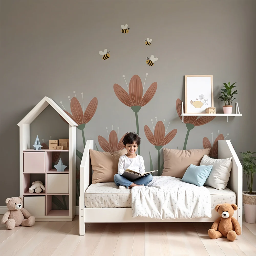 Papel de parede quarto bebê | Flores suaves e abelhas alegres fundo taupe