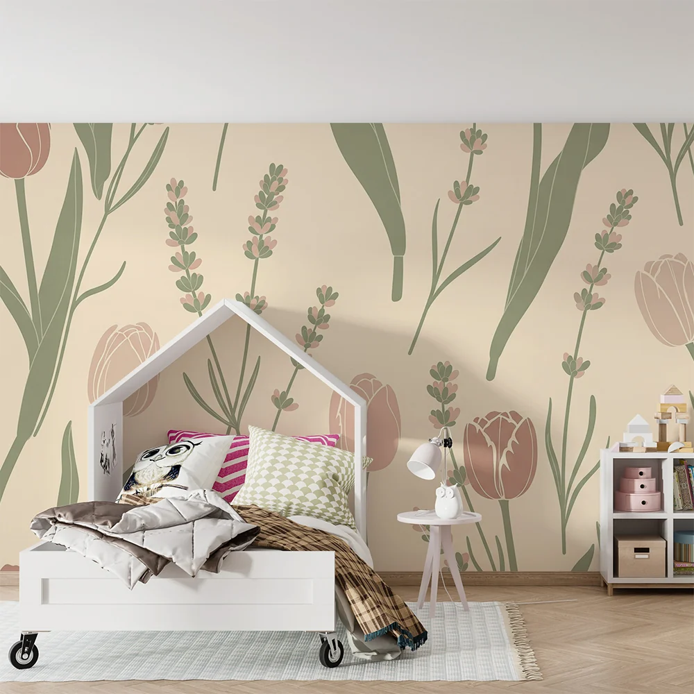 Papel de parede quarto bebê | Flores suaves e lavanda em fundo creme