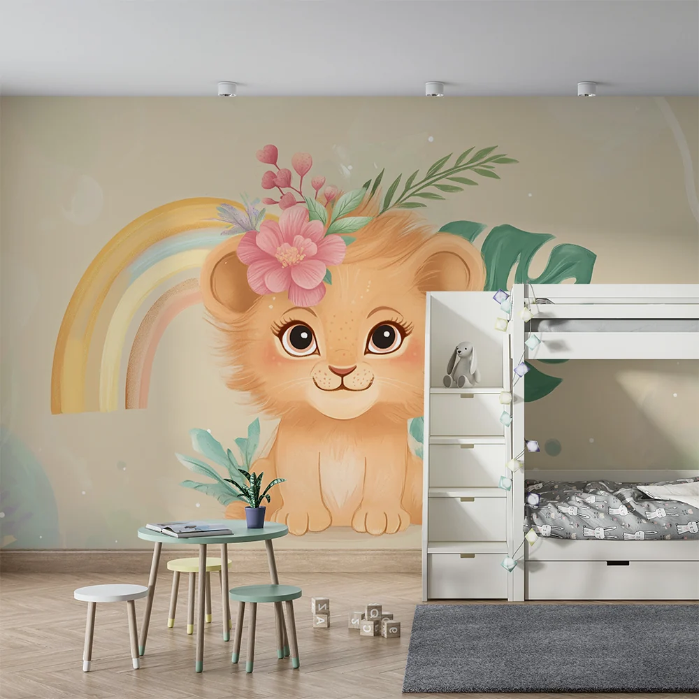 Papel de parede quarto bebê | Florido leãozinho e arco-íris pastel