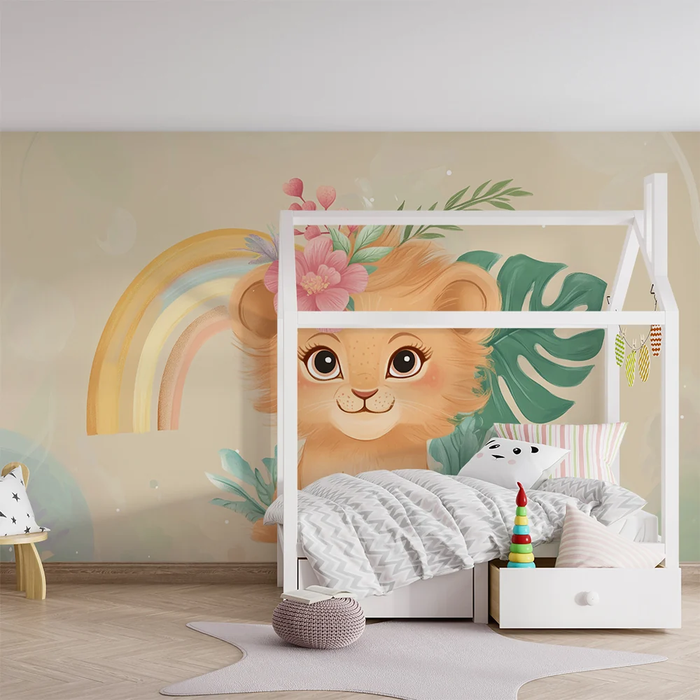Papel de parede quarto bebê | Florido leãozinho e arco-íris pastel