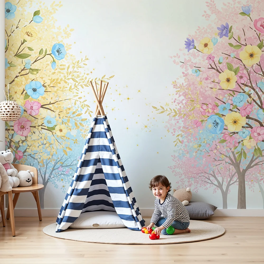 Papel de parede quarto bebê | Floridos árvores em tons pastel e brilhos dourados