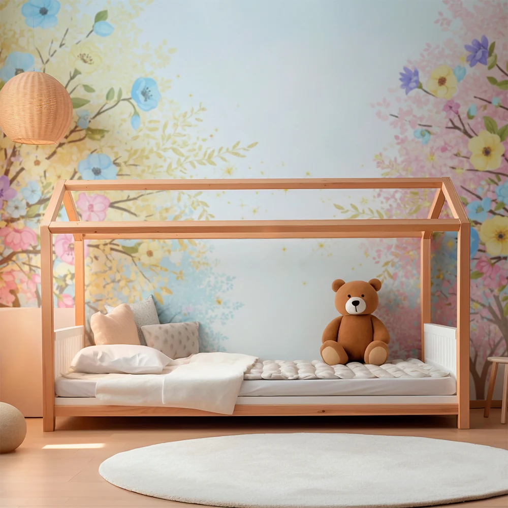 Papel de parede quarto bebê | Floridos árvores em tons pastel e brilhos dourados