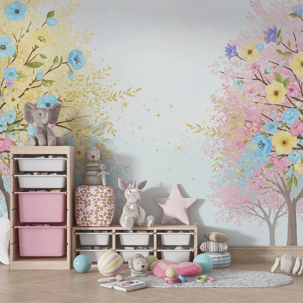 Papel de parede quarto bebê | Floridos árvores em tons pastel e brilhos dourados
