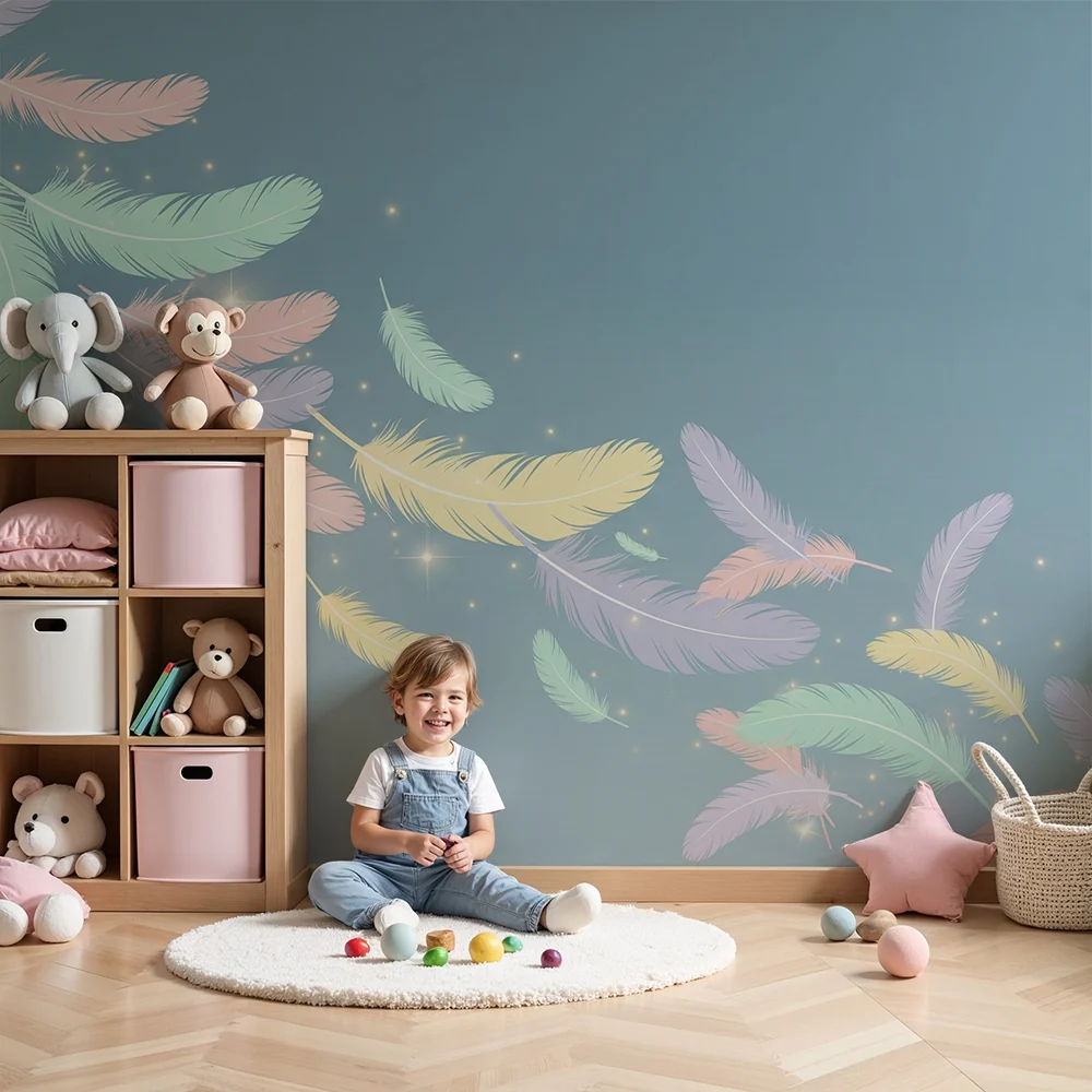 Papel de parede quarto bebê | Flutuando penas pastel com brilhos luminosos