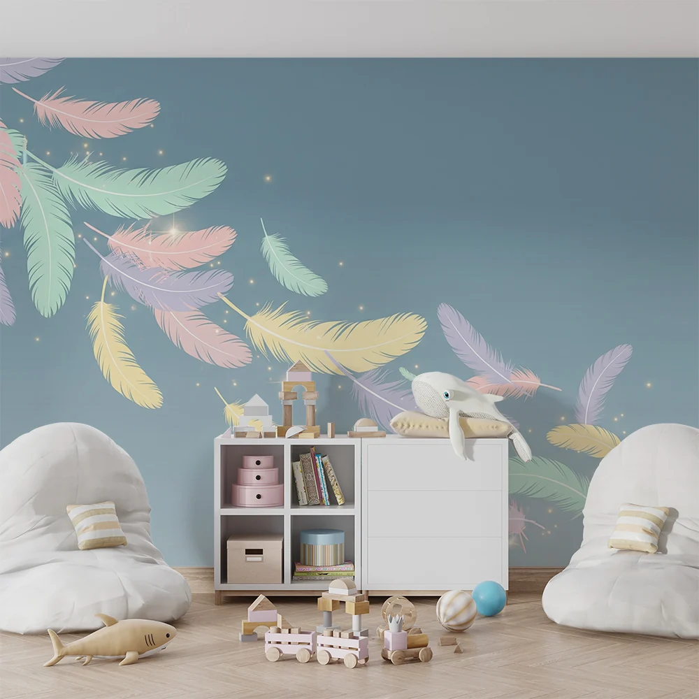 Papel de parede quarto bebê | Flutuando penas pastel com brilhos luminosos