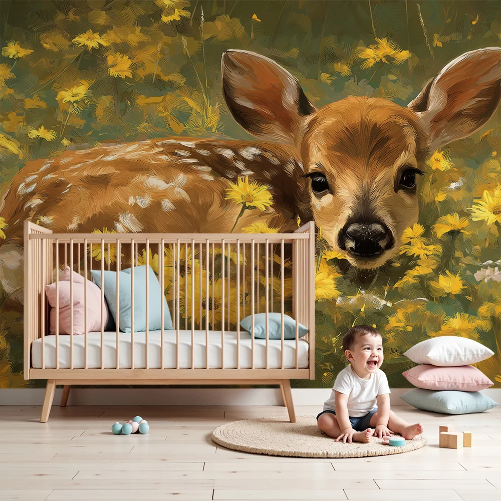 Papel de parede quarto bebê | Fofo cervo entre as flores amarelas