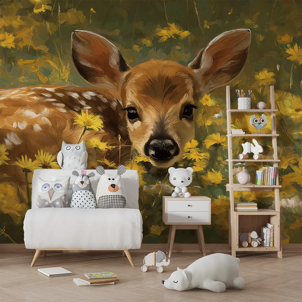 Papel de parede quarto bebê | Fofo cervo entre as flores amarelas