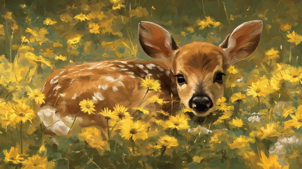 Papel de parede quarto bebê | Fofo cervo entre as flores amarelas