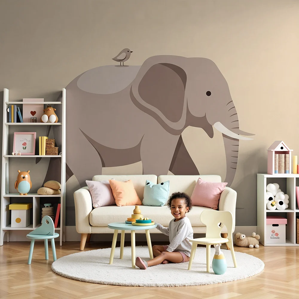 Papel de parede quarto bebê | Fofo elefante com um passarinho
