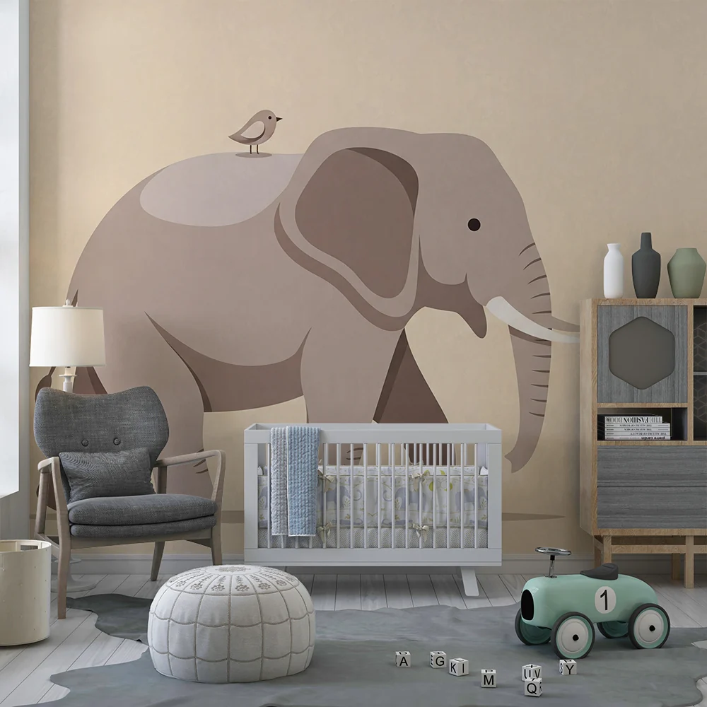 Papel de parede quarto bebê | Fofo elefante com um passarinho