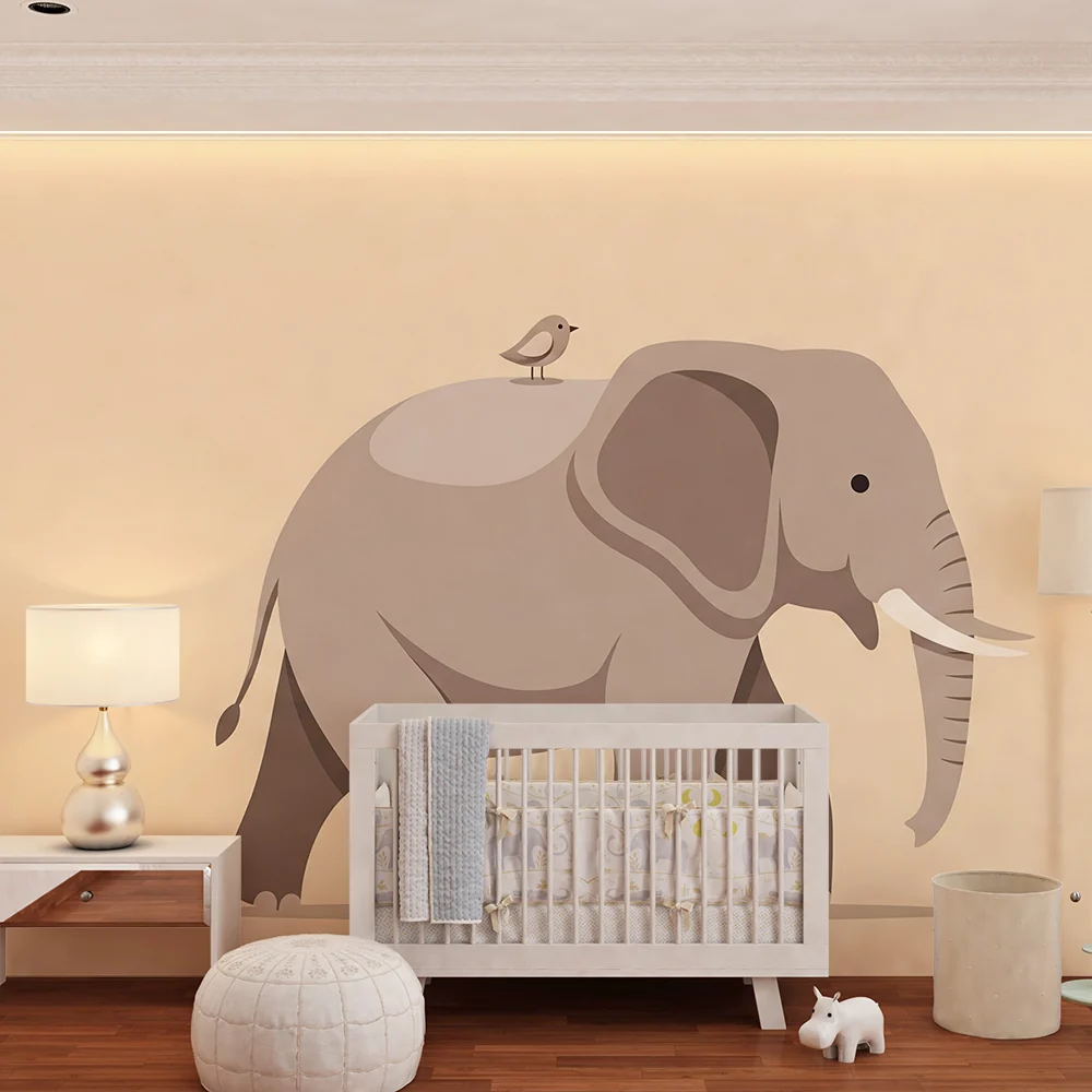 Papel de parede quarto bebê | Fofo elefante com um passarinho