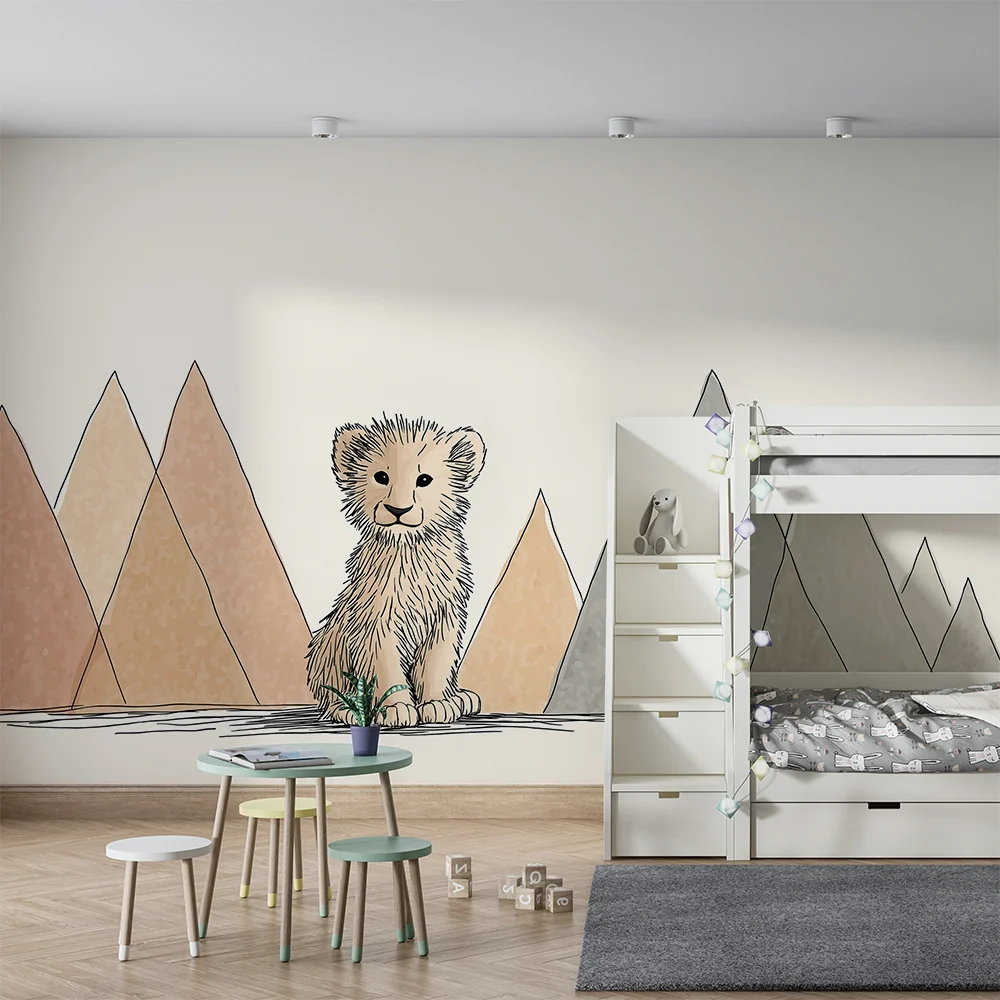 Papel de parede quarto bebê | Fofo filhote de leão e montanhas pastel