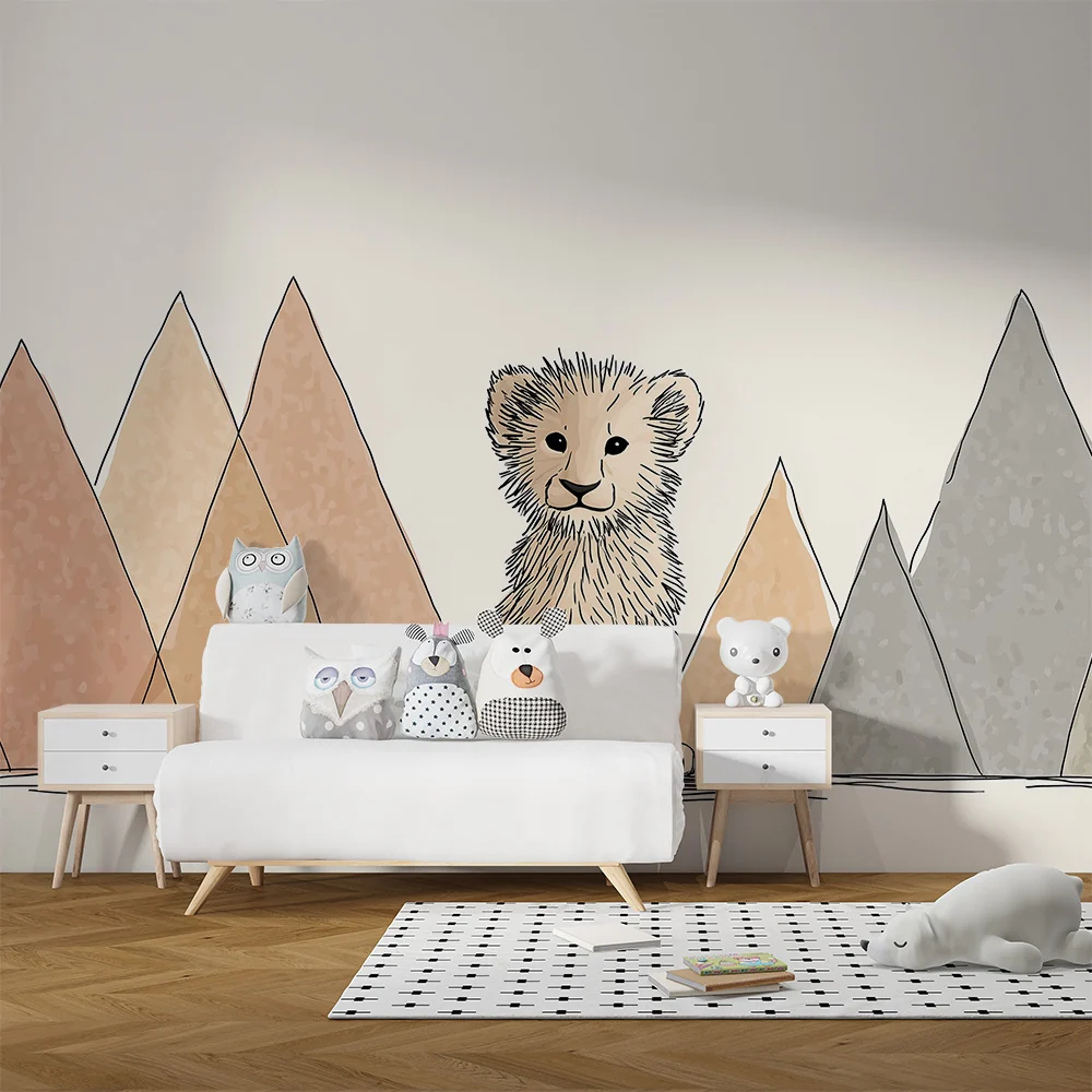 Papel de parede quarto bebê | Fofo filhote de leão e montanhas pastel