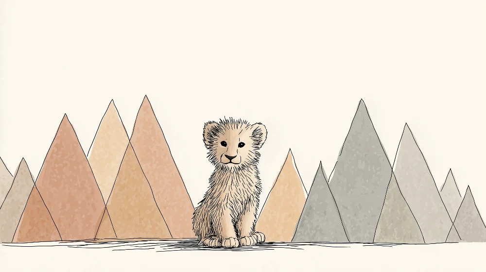 Papel de parede quarto bebê | Fofo filhote de leão e montanhas pastel
