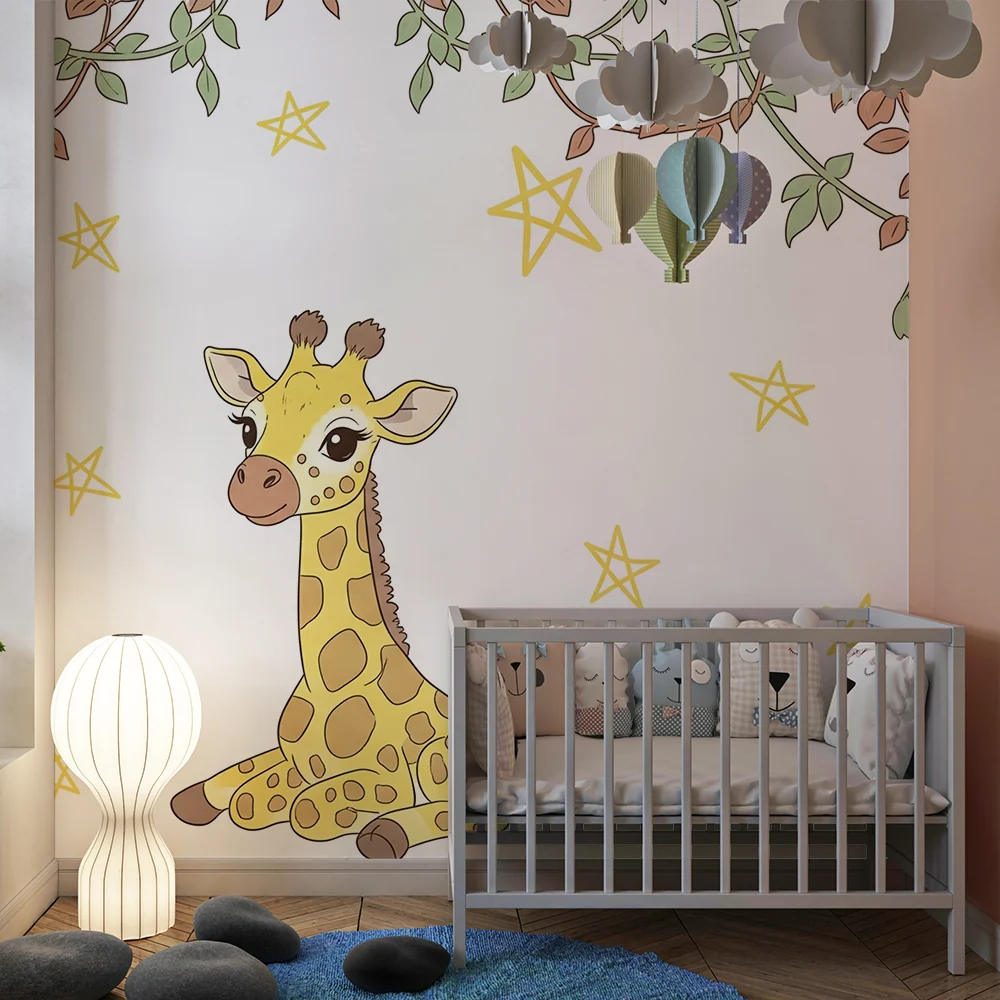 Papel de parede quarto bebê | Fofo girafa sob as estrelas