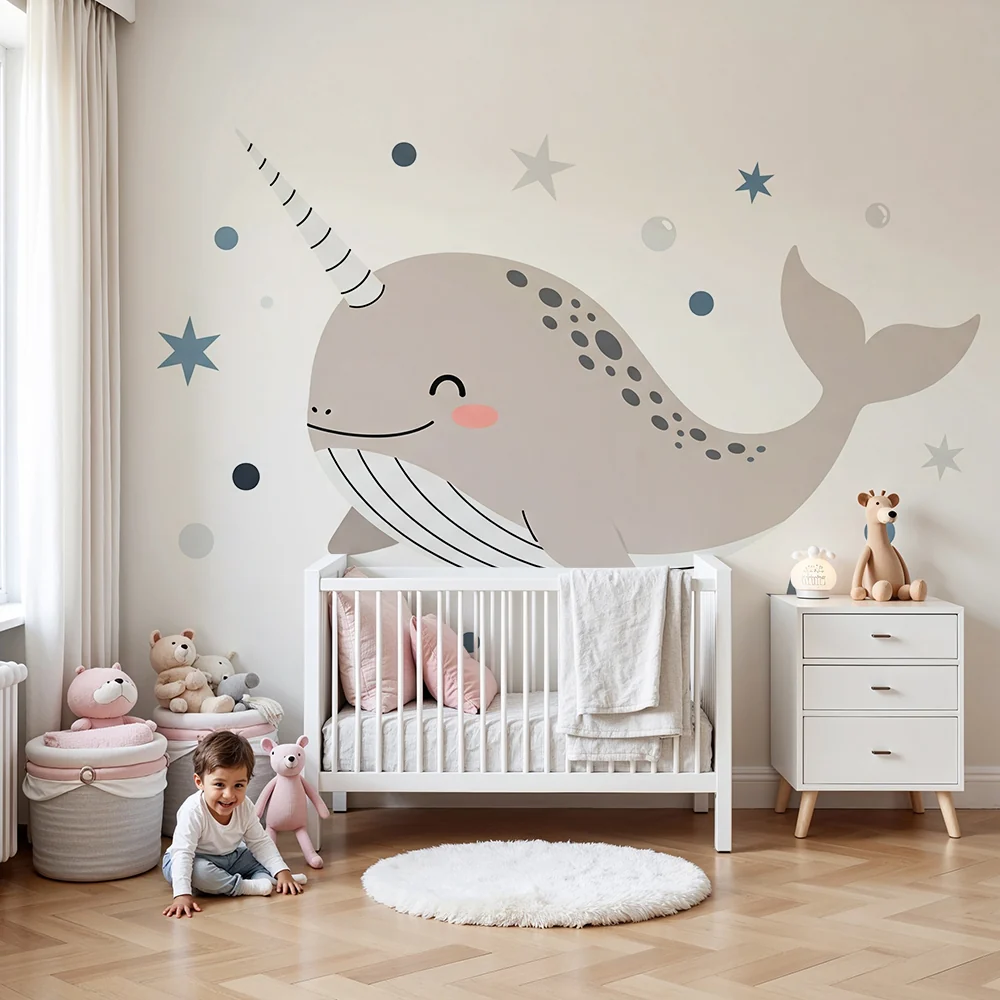 Papel de parede quarto bebê | Fofo narval e estrelas em um oceano de suavidade