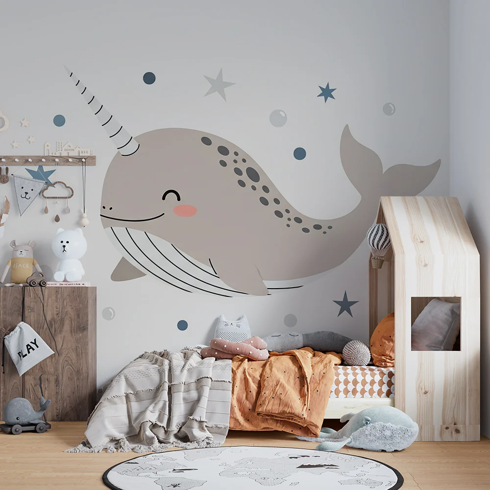 Papel de parede quarto bebê | Fofo narval e estrelas em um oceano de suavidade