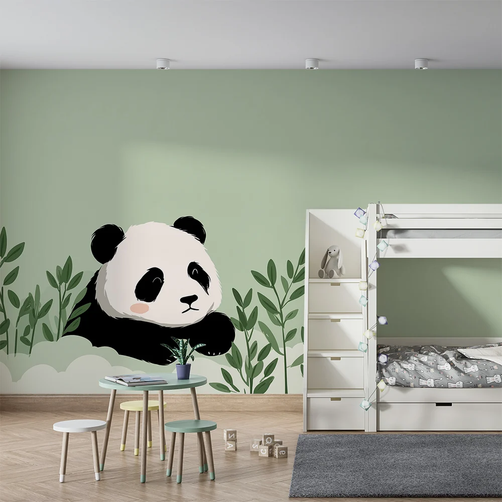 Papel de parede quarto bebê | Fofo panda entre folhas suaves