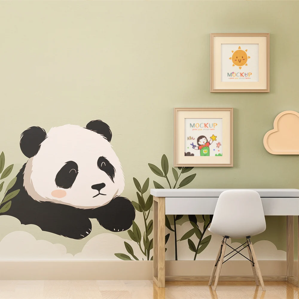 Papel de parede quarto bebê | Fofo panda entre folhas suaves