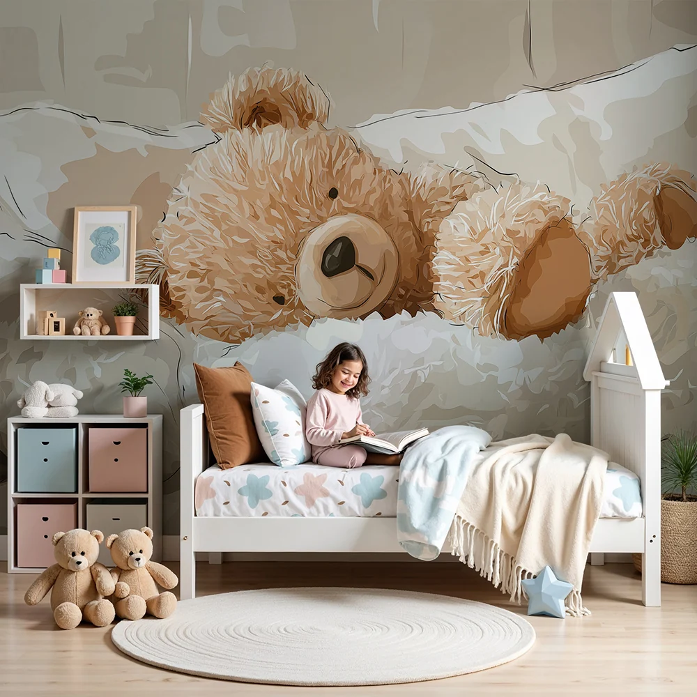 Papel de parede quarto bebê | Fofo ursinho em uma cama macia