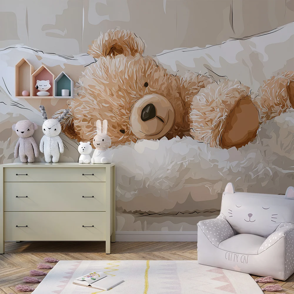 Papel de parede quarto bebê | Fofo ursinho em uma cama macia
