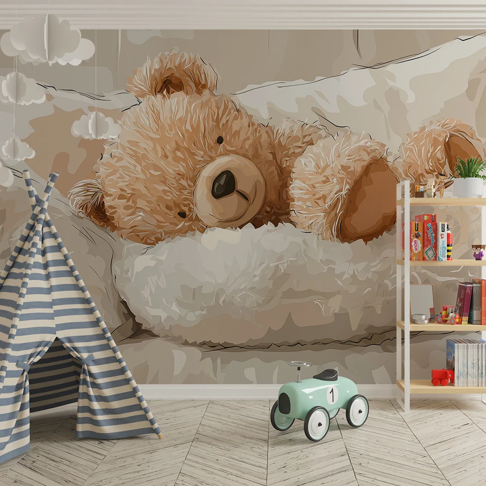 Papel de parede quarto bebê | Fofo ursinho em uma cama macia